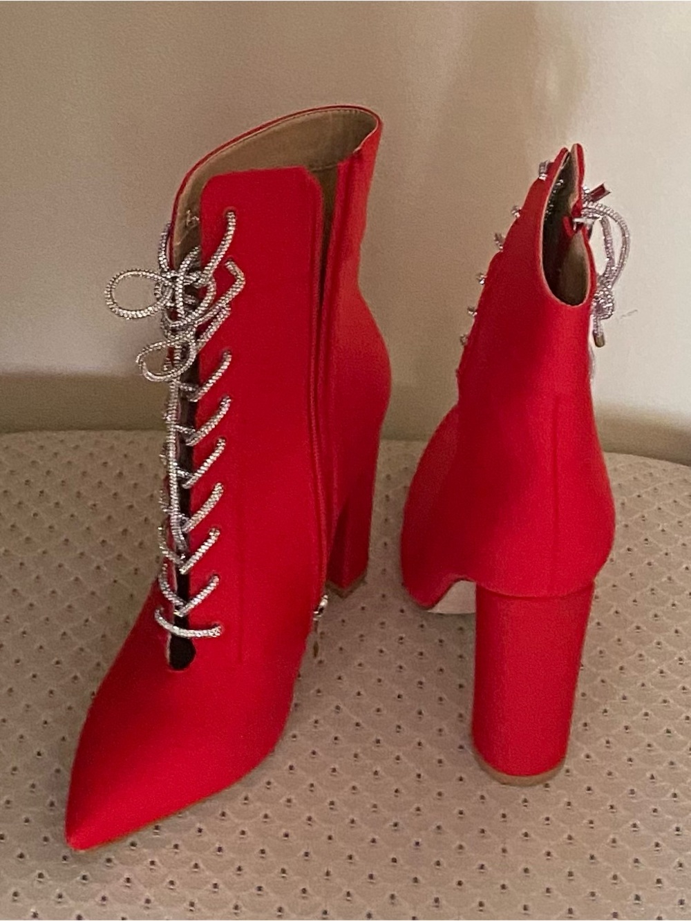 Red Rhinestone Lace-Up Block Heel Ankle Boots by